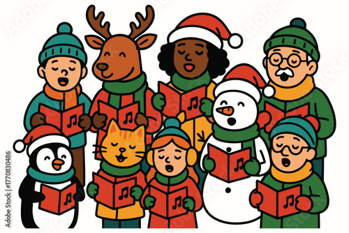 Diverse group of children and animals singing christmas carols together joyfully