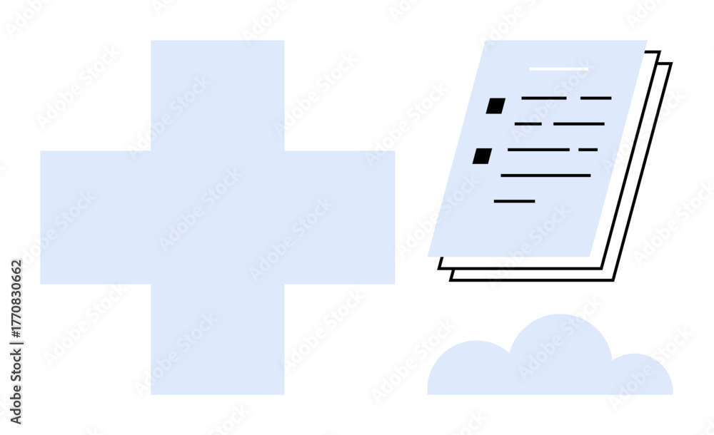 Obraz premium Large blue cross beside documents with checklist above a small cloud. Ideal for healthcare, digital records, cloud storage, telemedicine, efficiency, innovation, secure sharing. Simple flat metaphor