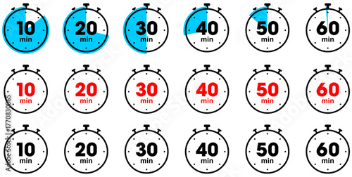Timer and stopwatch icons. Time clock, watch pictograms. Vector. Chronometer stopping hour, minute, second symbols.