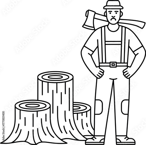 A lumberjack stands proudly with an axe over his shoulder next to several tree stumps.