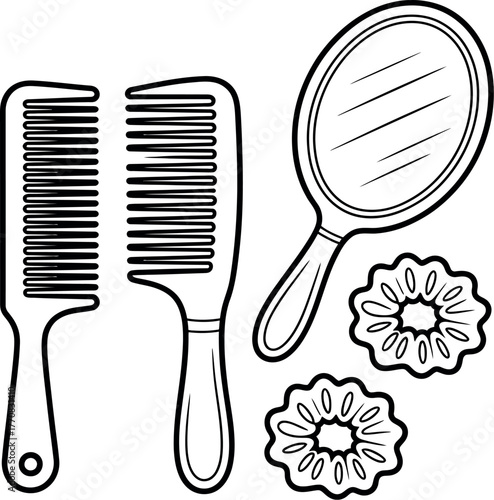 A mirror and two combs are displayed with scrunchies for hair accessories.