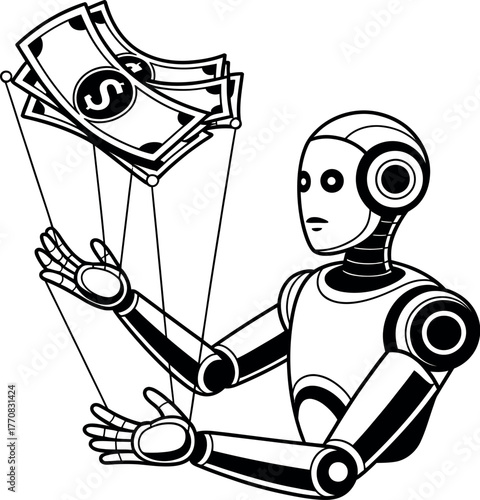 Robot puppeteer controls money with strings, illustrating financial automation and control.