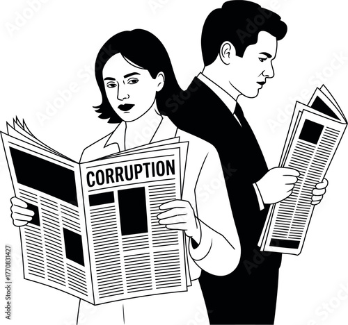 Two people with newspapers discuss current events, one featuring the word corruption.