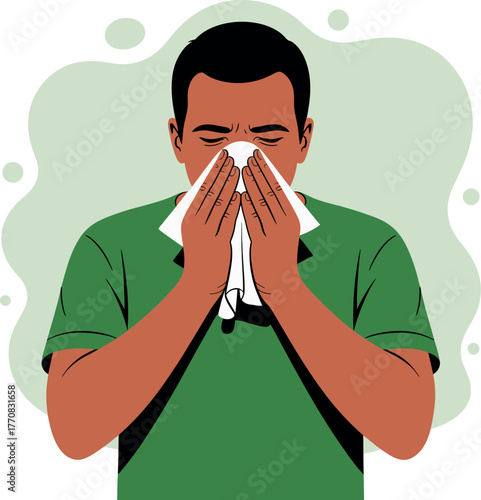 A person is wiping their nose with a tissue, indicating a cold or allergies.