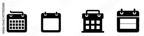 four black and white calendar icons in different styles arranged horizontally