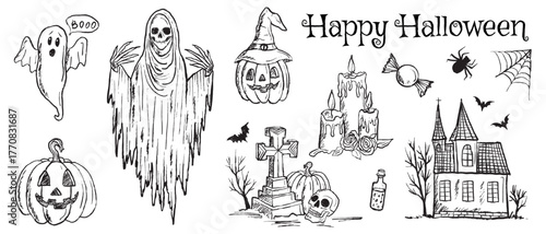 Hand drawn happy Halloween death, carved pumpkin, haunted house, ghost, cemetery grave. Hand drawn vector drawing in vintage charcoal ink. Vector sketch illustration in vintage crayon charcoal style
