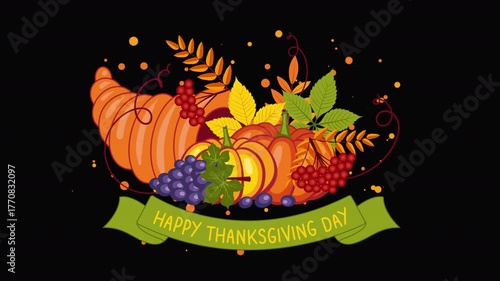 Happy Thanksgiving animation with cornucopia and pumpkins on alpha