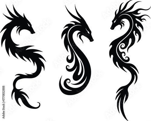 Tribal dragon tattoo designs, mythical creature silhouettes, fantasy art illustration, powerful serpent symbols, Asian dragon vector, mystical creature pattern