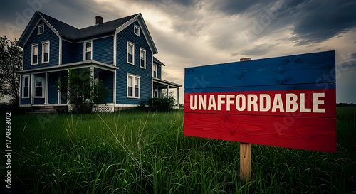 Foreboding blue house with 'Unaffordable' sign evokes housing crisis and economic anxiety