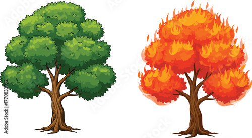 Green healthy tree and burning fire tree illustration, environmental destruction, forest fire impact, nature contrast, climate change concept art