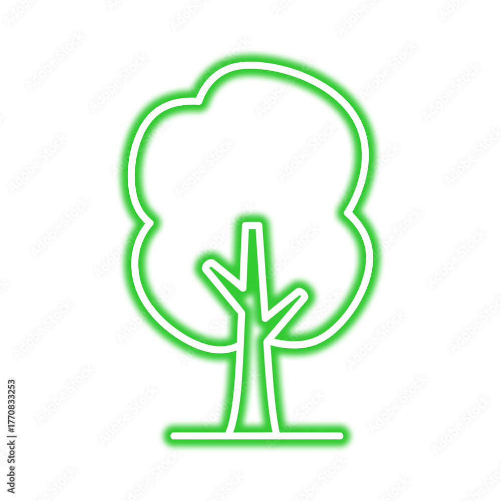 Fototapeta premium A bright green neon outline of a stylized tree, featuring a rounded canopy and a simple trunk design, isolated on a white background.