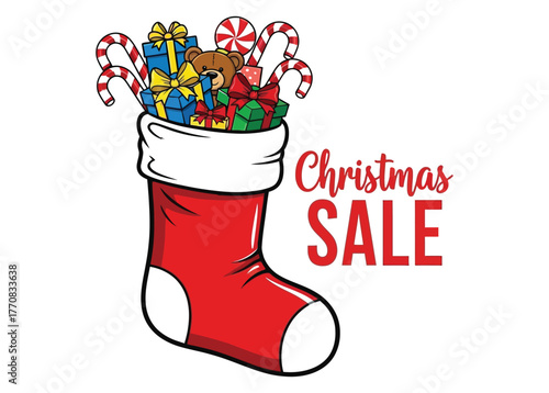 A red Christmas stocking filled with gifts and candy canes announces a holiday sale.