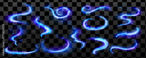 Magic wind swirl effect in icy tones. Blue sparkle lines and wave light create wind flow and crystal ice swirl magic effect.