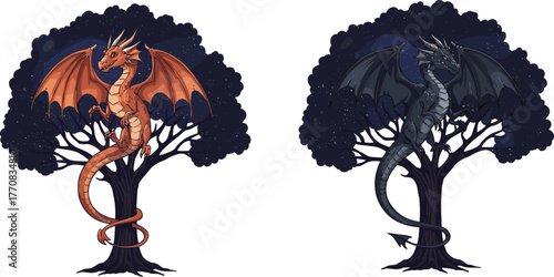 Two fantasy dragons perched on trees under night sky, mystical red and black dragons illustration, mythical creature artwork, fantasy design