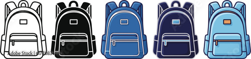 Assortment of five backpack icons in different shades of blue and black, including an outline version