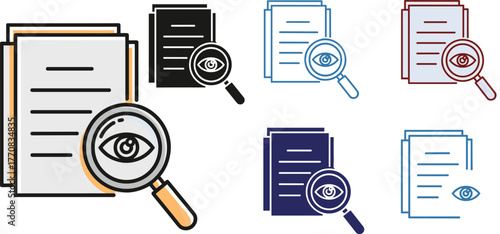 Group of six document icons with a magnifying glass, in multiple color variations including outline, black, blue, and red