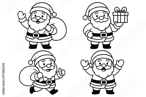 Four adorable cartoon santas in different poses with gifts and sacks