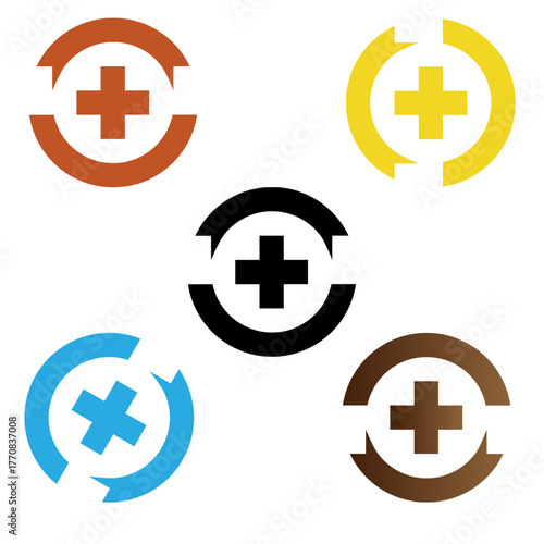 Circular Cross Emblem Set – Abstract Medical-Inspired Icons in Multicolor Variants