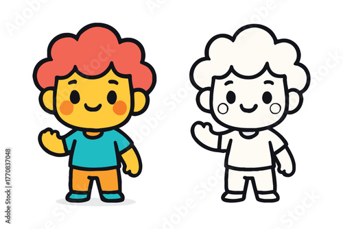 Adorable cartoon boy character side by side with outline for coloring fun