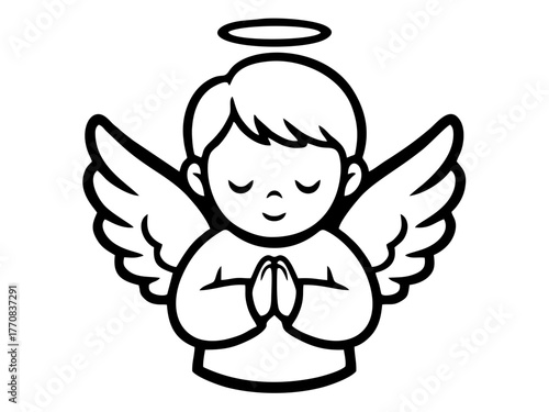 Fototapeta Vector isolated cute black-and-white illustration of a smiling child boy angel with a halo and wings, hands clasped in prayer
