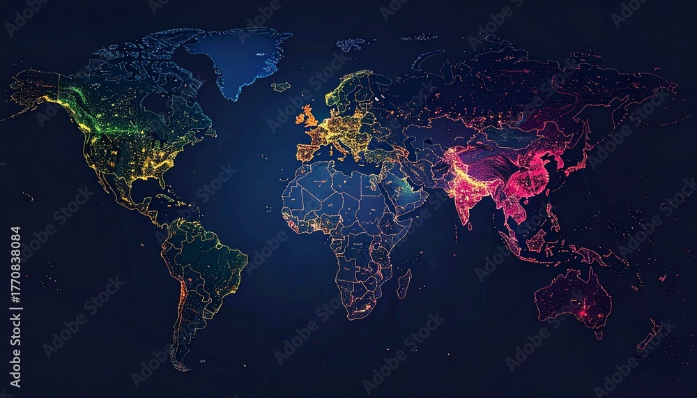 Naklejka premium Neon Global Network: Illuminated World Map