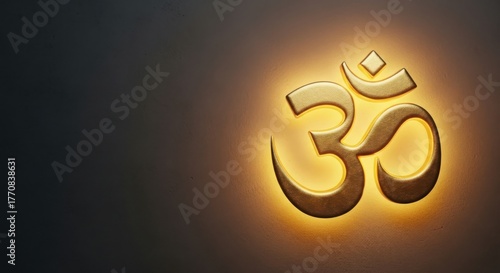 Glowing golden om symbol on dark background