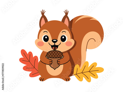 Vector art of cute squirrel holding acorn, autumn leaves around