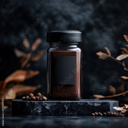 Dark, glass spice jar with a blank label on a dark stone surface.