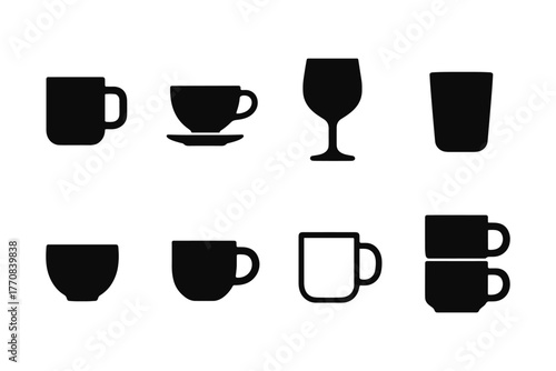 Silhouette collection of various drinkware icons for modern design