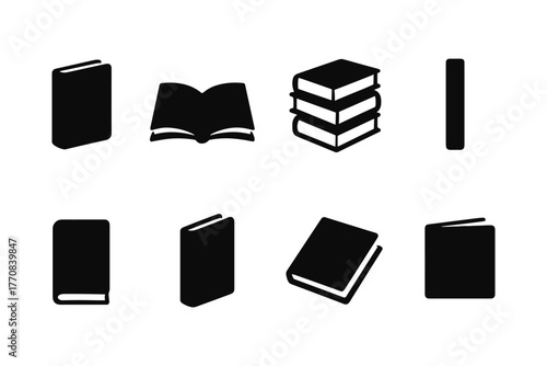 Book icons collection: diverse silhouettes of books in simple black style