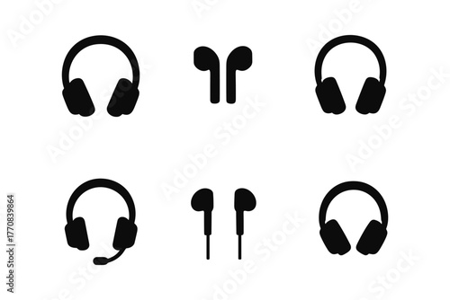Set of black silhouette headphones and earbuds icons on white background