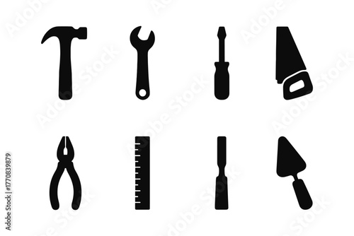 Silhouette icons of common hand tools for diy projects and construction