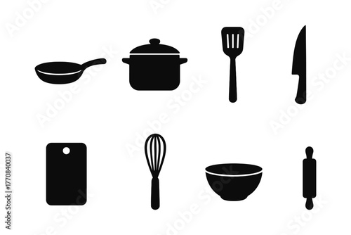 Essential kitchen tools silhouette set for cooking and baking