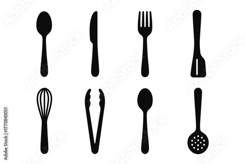 Silhouette collection of essential kitchen utensils: spoons, forks, knives, and more
