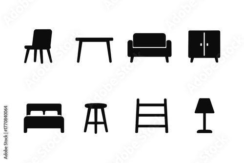 Modern furniture icons set featuring minimalist silhouette design for interior concepts
