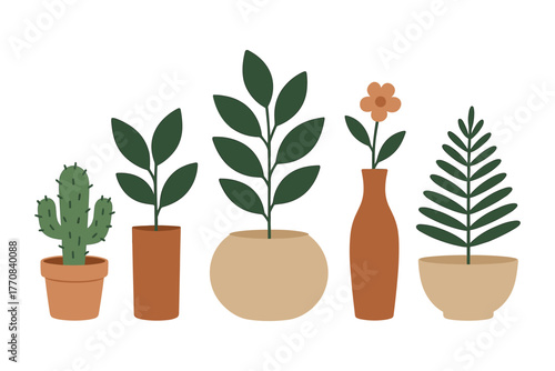 Collection of minimalist potted plants with natural colors and simple designs