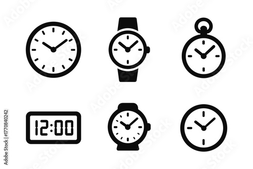 Minimalist clock and watch icons for time monitoring designs