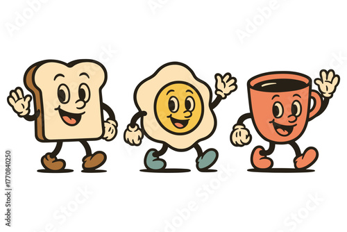 Cheerful cartoon breakfast trio with toast, egg, and coffee