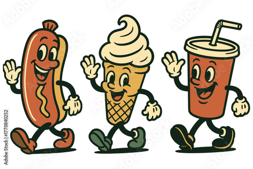 Whimsical food mascots: hot dog, ice cream, and soda with retro charm
