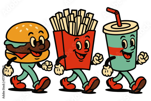 Retro fast food characters: burger, fries, and drink walking together