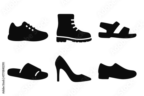 Collection of silhouette shoe icons featuring casual, formal, and athletic styles