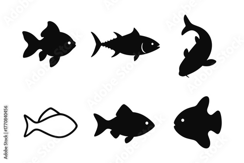 Silhouette fish icons: minimalist aquatic animal designs in black and white