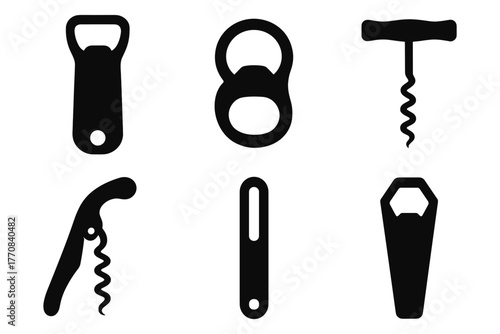 Set of wine opener icons in black silhouette style for kitchen and bar
