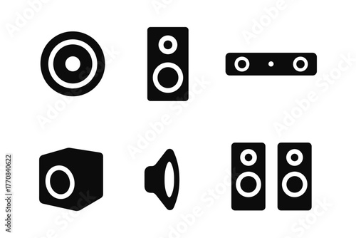 Minimalist speaker icons set featuring line and block designs for audio systems