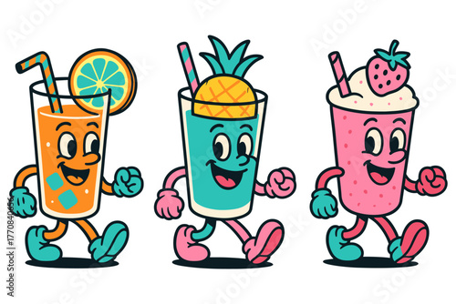 Playful cartoon beverage characters with fruit and straws