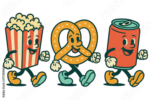 Retro cartoon food characters on a fun adventure