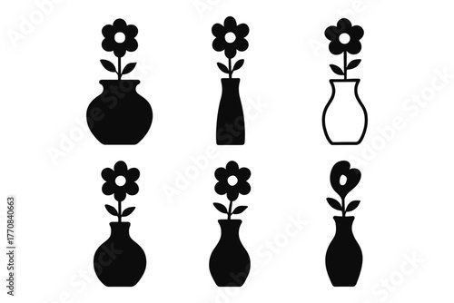 Collection of floral silhouette designs in various vase shapes