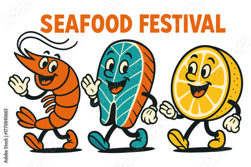 Cheerful cartoon characters at seafood festival featuring shrimp, salmon, and lemon