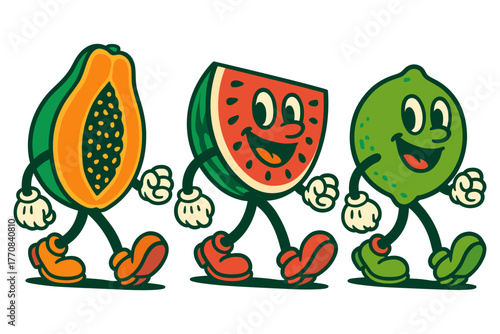 Retro style cartoon fruits walking with smiling faces
