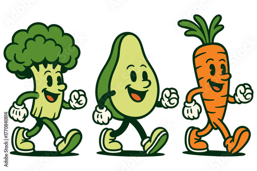 Retro styled walking vegetables trio: broccoli, avocado, and carrot cartoon